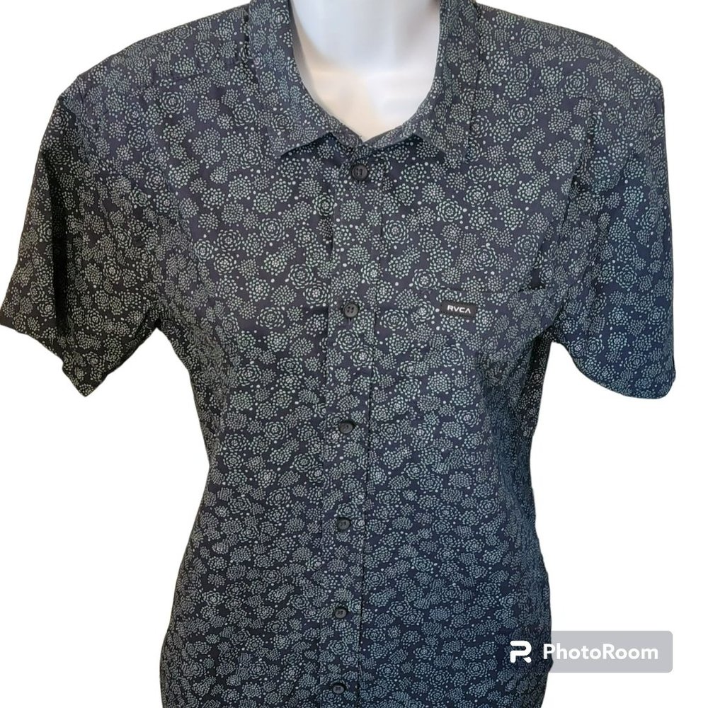 RVCA Women's SP Slim Fit Black with Green Flowers Casual Button Down Top EUC